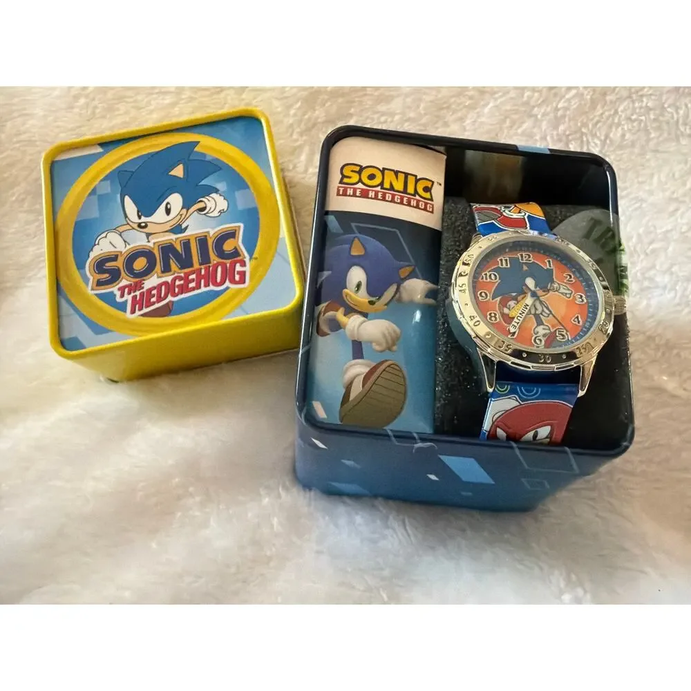 SEGA Sonic The Hedgehog Kids Wrist Watch Lighted Blue Band w/ Tin Accutime NEW